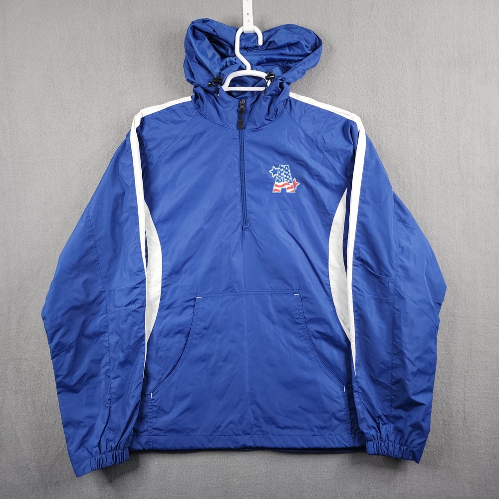 SPORT-TEK Mens‎ Anorak Jacket Blue White Logo Pouch Pocket Hooded XL